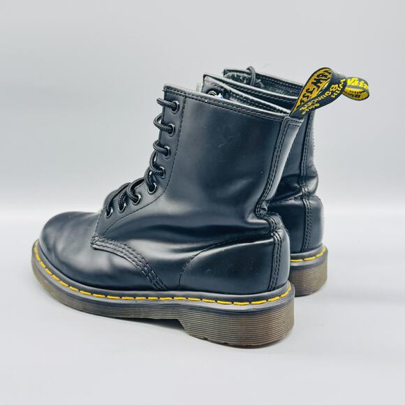 Dr Martens Boot Women 6 Black Leather Ankle Lace Up Combat AirWair Yellow Stitch - Picture 5 of 11